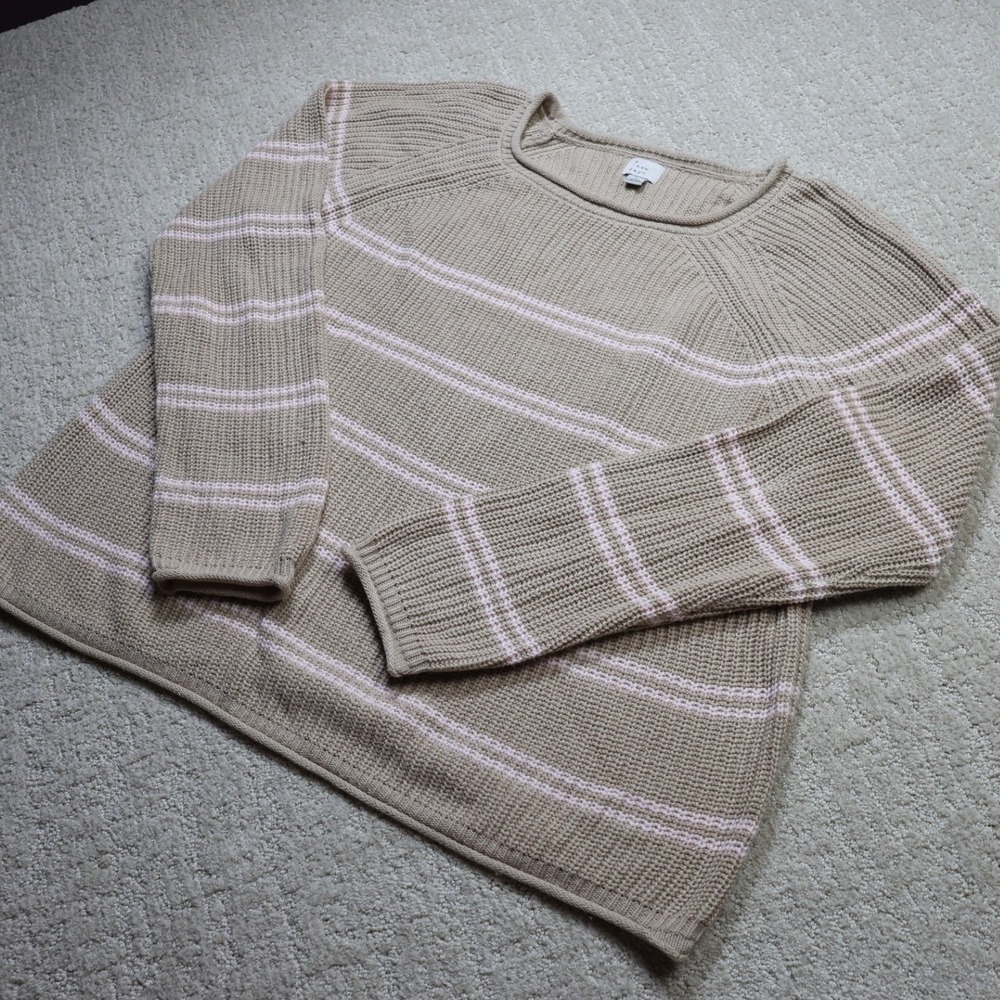 A New Day Tan Pink Striped Shaker Stitch Raglan Sweater Large
